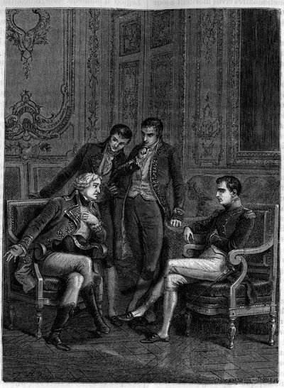 Jean Jacques Regis de Cambaceres (1753-1824) exhibiendo a Bonaparte, entonces Primer Cónsul, y a sus hermanos Joseph y Lucien, su ingeniosa combinación para nombrarlo Cónsul vitalicio circa 1804 de Felix (after) Philippoteaux