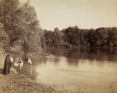 Un hombre con vestimenta tradicional con su caballo, frente a un lago en Egipto de Félix Bonfils
