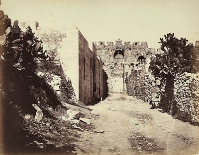 Vista de una sección de las murallas de la ciudad y la casa de Santa Ana, en Jerusalén de Félix Bonfils