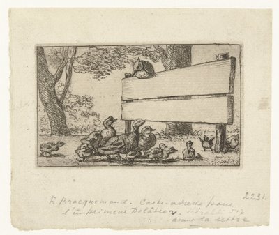 Tarjeta de dirección con patos en una valla de madera frente a la imprenta Delâtre de Felix Bracquemond