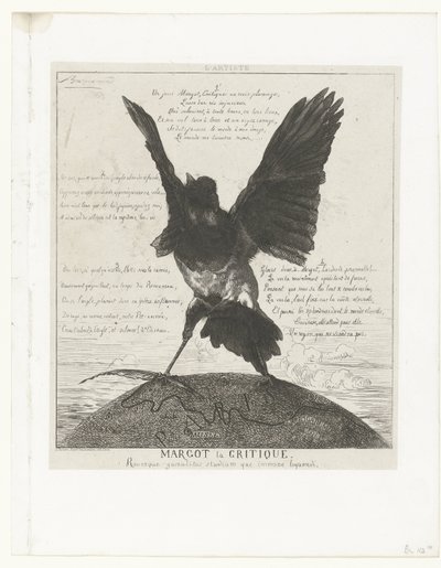 Urraca con las alas abiertas y una pluma en la pata sobre un globo terráqueo con el mapa de París
Margot la Critique (título en el objeto)
La Tarta de Felix Bracquemond
