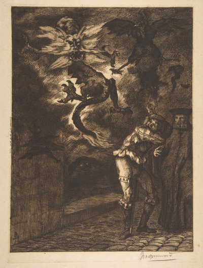 ¡Fuera de mi sol, canallas! Panurgo saliendo de la casa de Raminagrobis, 1854-1855 de Felix Bracquemond