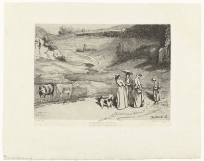 Mujeres jóvenes dan dinero a una pastora en un paisaje de colinas
Les demoiselles du villages (título en el objeto) de Felix Bracquemond