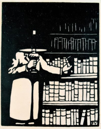 Bibliófilo con lámpara en su biblioteca de Felix Edouard Vallotton