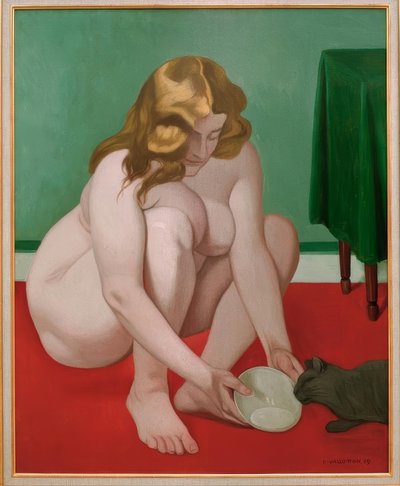 Mujer agachada ofreciendo leche a un gato de Felix Edouard Vallotton