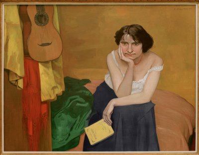 Mujer morena sentada de frente, con guitarra de Felix Edouard Vallotton