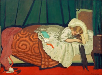 Mujer acostada jugando con un gato de Felix Edouard Vallotton