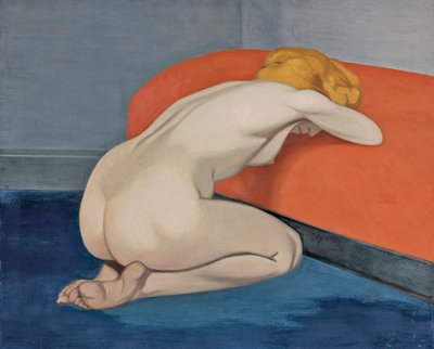 Mujer desnuda arrodillada frente a un sofá rojo de Felix Edouard Vallotton