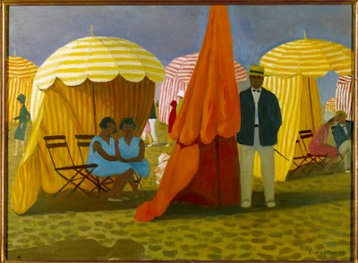 La playa. Veraneantes bajo las sombrillas protegidos del viento. de Felix Edouard Vallotton