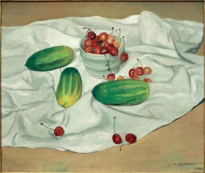 Tres pepinos y un jarrón blanco con cerezas de Felix Edouard Vallotton
