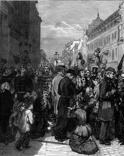 Deportación de los jesuitas de la Rue de Sèvres en París tras los decretos de marzo de 1880 emitidos por Jules Ferry y que eliminan el derecho a enseñar a miembros de congregaciones religiosas no autorizadas: la población parisina muestra solidaridad con l de Felix Elie Regamey