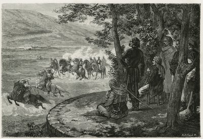 La carrera del djerid, el jinete comenzaba sosteniendo un palo corto que representaba tanto la lanza como el rifle; lo agitaba sobre su cabeza antes de lanzarlo, ilustración de la historia Les Ansaries, por Leon Cahun, una misión encargada por el gobierno  de Felix Elie Regamey