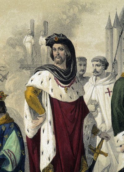 Capetos 1270 - 1322: Philippe IV le bel y Jacques de Molay (Molai) - en "La Monarchie francaise en estampe", dibujo de Monsieur Fossey de Felix Fossey