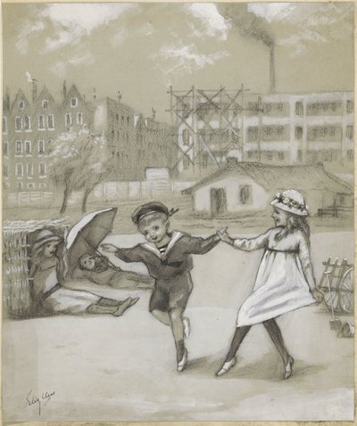 Un niño y una niña bailando en un parque urbano o en un patio de recreo de Felix Hess (signed by artist)