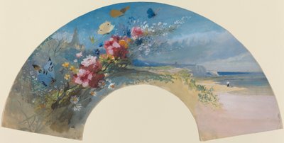Abanico con flores silvestres y mariposas contra la costa normanda de Felix Hilaire Buhot