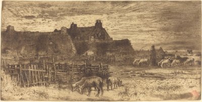 Les Bergeries, escena pastoral, puesta de sol de Felix Hilaire Buhot
