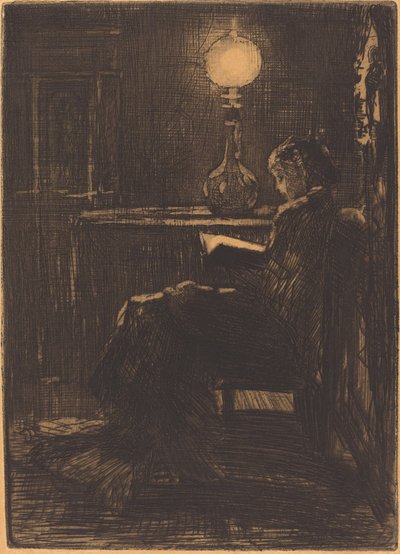 Mujer leyendo a la luz de la lámpara de Felix Hilaire Buhot