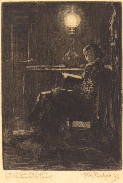 Mujer leyendo a la luz de la lámpara de Felix Hilaire Buhot