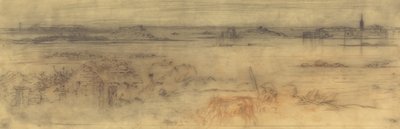Paisaje marino con una ciudad fortificada a la derecha, islas a la izquierda y una cabaña en primer plano de Felix Hilaire Buhot
