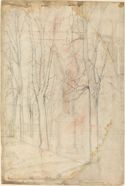 Boceto de árboles con una estatua en un pedestal de Felix Hilaire Buhot