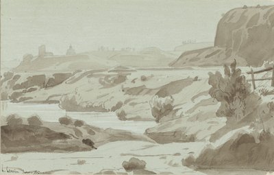 Vista en la Campagna romana con un río en primer plano de Felix Hippolyte Lanoue