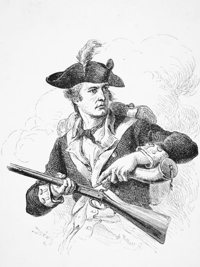 Soldado americano durante la Guerra de Independencia, usando su cuerno de pólvora para cebar el cazo de su mosquete de chispa, grabado por A. Bollett de Felix Octavius Carr (after) Darley