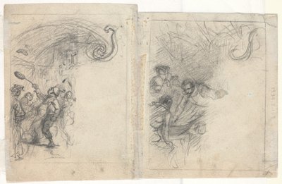 Chef lanzando panqueques y grupo de cuatro hombres [verso] de Felix Octavius Carr Darley