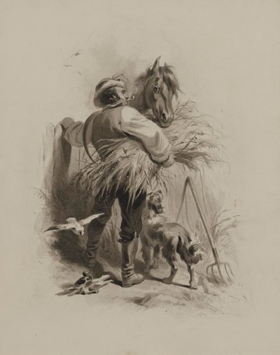 Granjero con caballo, perro y palomas de Felix Octavius Carr Darley