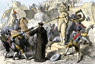 Sacerdotes españoles destruyendo los ídolos aztecas de México. Siglo XIX (grabado coloreado) de Felix Octavius Carr Darley