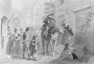 Escena de pueblo con figuras coloniales holandesas del Álbum Hosack de Felix Octavius Carr Darley