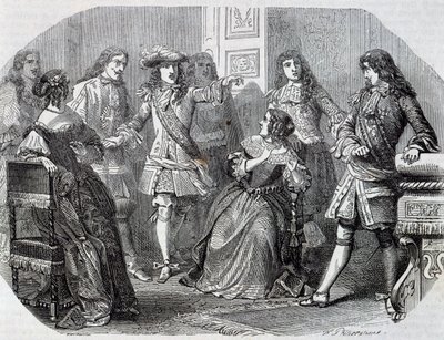 Arresto de Nicolas Fouquet, superintendente de finanzas, grabado por Henri Felix Emmanuel Philippoteaux (1815-1884) del Vizconde de Bragelonne, por Alexandre Dumas (1802-1870) de Felix Philippoteaux