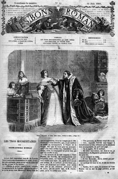 Serie romana: "Los Tres Mosqueteros" de Alexandre Dumas (1802-1870). Sospechada de infidelidad por su esposo, Luis XIII, la Reina Ana de Austria (1601-1666) debe entregar al Canciller una carta que supuestamente escribió al Duque de Buckingham, su presunto de Felix Philippoteaux