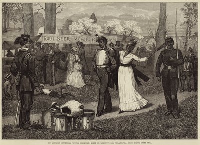 Exposición del Festival del Centenario Americano, escena en Fairmount Park, Filadelfia, milicia negra después del entrenamiento de Felix Regamey