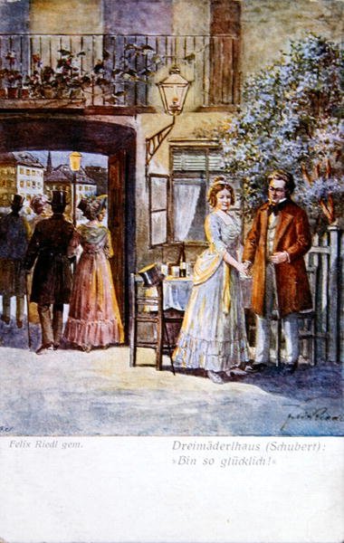 Escena de "Das Dreimaederlhaus" ("La casa de las tres niñas") que representa a Schubert delante de la casa, c.1916 (litografía en color) de Felix Riedl