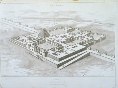 Palacio de Khorsabad, vista histórica desde el sureste con parte de las murallas fortificadas, ilustración de 