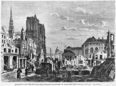 París, demolición de una parte de la Cité para ampliar los edificios del nuevo Hotel-Dieu, grabado por Charles Barbant (d.1922) de Felix Thorigny