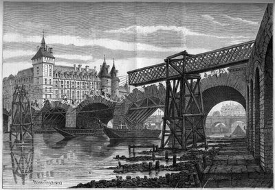 Transformaciones de París bajo el Segundo Imperio, Haussmann París: demolición del Pont au Change (1639-1647) e instalación del puente temporal. Grabado de Felix Thorigny en “Le Monde Illustré” n°78 del 9 de octubre de 1858. de Felix Thorigny