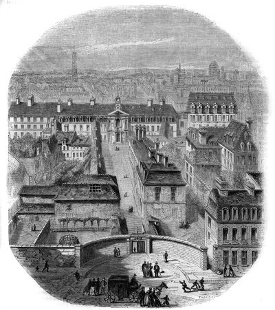 Vista de la fábrica de tapices de los Gobelinos en París, con el convento de los Capuchinos, el Observatorio y el castillo de la Reina Blanca. Grabado por Thorigny de Felix Thorigny