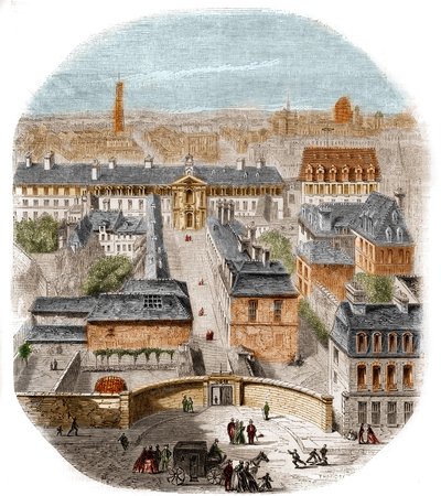 Vista de la fábrica de tapices Gobelinos en París, con el convento de los Capuchinos, el Observatorio y el castillo de la Reina Blanca. Grabado por Thorigny de Felix Thorigny
