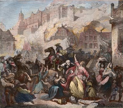 Destrucción de Heidelberg por los franceses bajo el mando del General Ezechiel Melac, 2 de marzo de 1689 - Incendio del Castillo de Heidelberg - Guerra de los Nueve Años - Guerra de la Gran Alianza de Feodor (after) Dietz