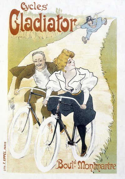 Pareja en bicicleta perseguida por un agente - Publicidad para Ciclos Gladiator, por Misti, c.1895 de Ferdinand  Misti Mifliez