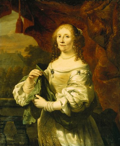 Retrato de una dama, de pie, tres cuartos de longitud, vistiendo un vestido de satén blanco con un chal verde ante una cortina roja en un balcón, un paisaje más allá de Ferdinand Bol