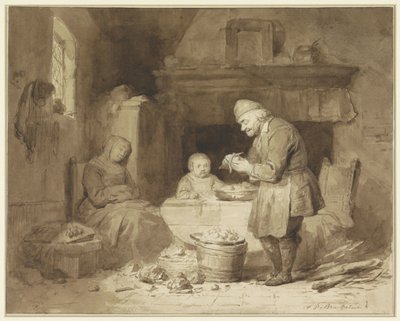 Mientras una mujer se ha dormido, un anciano pela patatas de Ferdinand De Braekeleer (I)