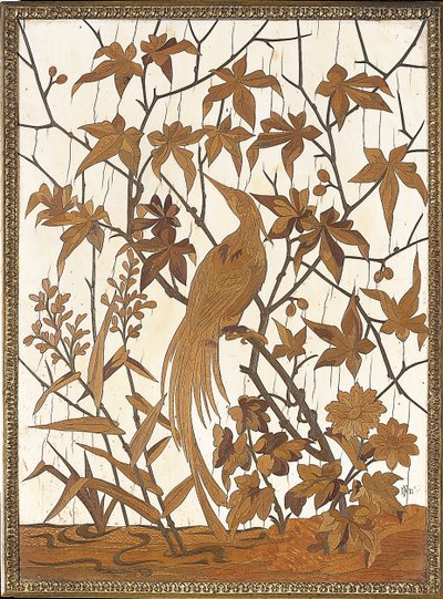 Panel incrustado con un pájaro exótico entre follaje en un pantano, Maison Grioux de Ferdinand Duvinage
