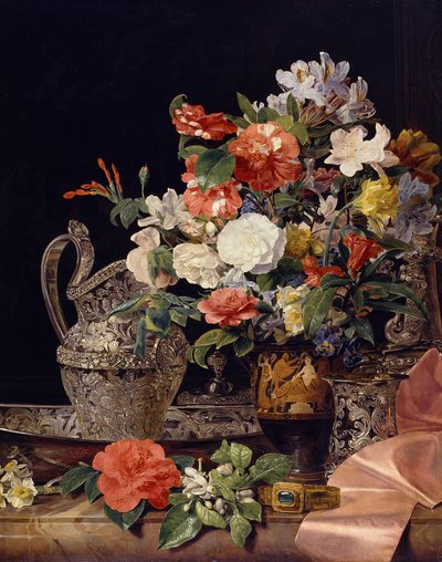 Ramo de flores con recipientes de plata y un jarrón antiguo de Ferdinand Georg Waldmüller