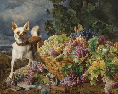 Perro guardando una cesta de uvas con vistas a Heiligenstadt y el Danubio a lo lejos de Ferdinand Georg Waldmuller