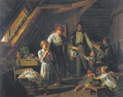 Despedida de los padres - el hijo mayor cuida de los hermanos en ausencia de los padres de Ferdinand Georg Waldmuller