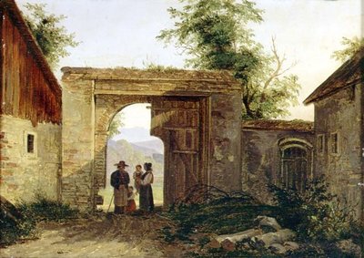 Un corral con campesinos en una puerta de Ferdinand Georg Waldmuller