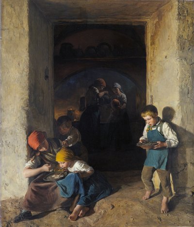 Niños recibiendo su desayuno de Ferdinand Georg Waldmuller