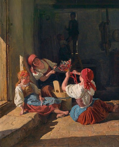 Niños decorando el sombrero de un conscripto, 1854 de Ferdinand Georg Waldmuller